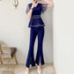 Professional Wear Temperament Goddess Fan Pants Two-piece Blue Waist Shirt + Loose Flared Pants Ladies Simple Suit