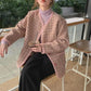 Pink Small Fragrance Style High-quality Coat Women's Spring and Autumn Thickened Plaid Top Ladies Temperament Long-sleeved Round Neck Coat