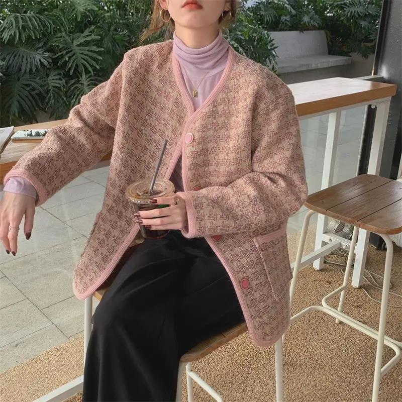Pink Small Fragrance Style High-quality Coat Women's Spring and Autumn Thickened Plaid Top Ladies Temperament Long-sleeved Round Neck Coat