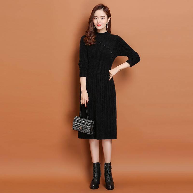 Women Imitation Mink Cashmere Sweater Beaded Knit Dress Long Section Slim Bottoming Skirt