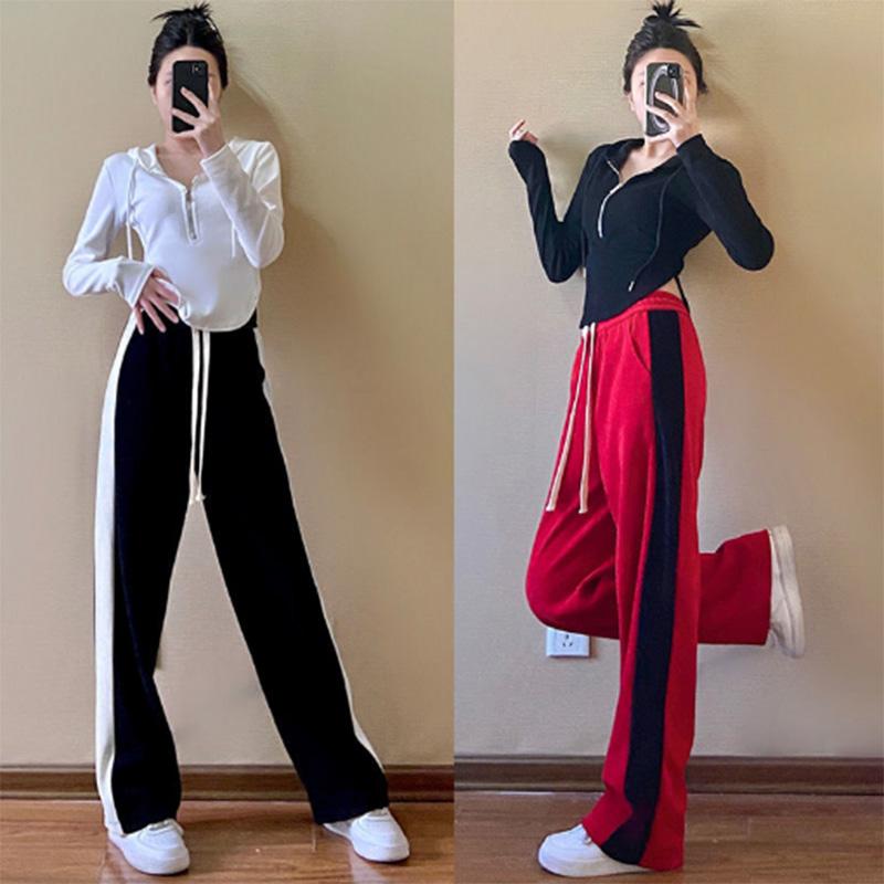 Sports pants spring and autumn striped color contrast loose and thin high waist vertical straight pants casual wide leg pants women