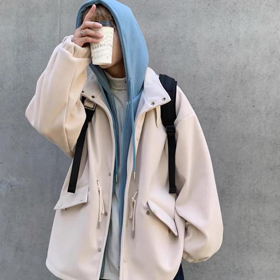 Fake Two-piece Velvet Thick Jacket Youth Hooded Zipper Cardigan Unisex Autumn and Winter Windbreaker Loose Casual Thick Coat