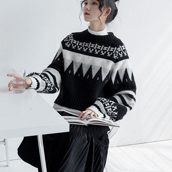 Vintage  Printed Sweater Women Bottoming Sweater Loose Casual Knit Pullover Sweater Autumn Winter