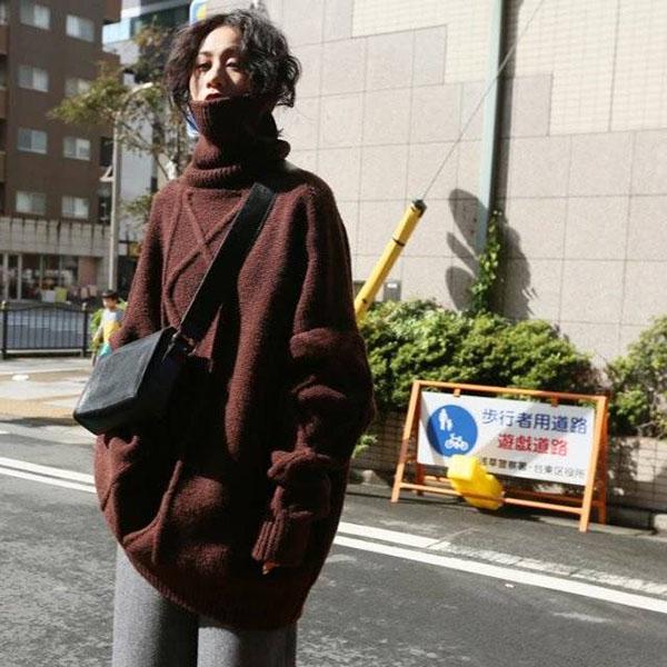 Winter Thick Casual Jacket High Collar Mid-length Tops Fashion Simple Female Student Sweater