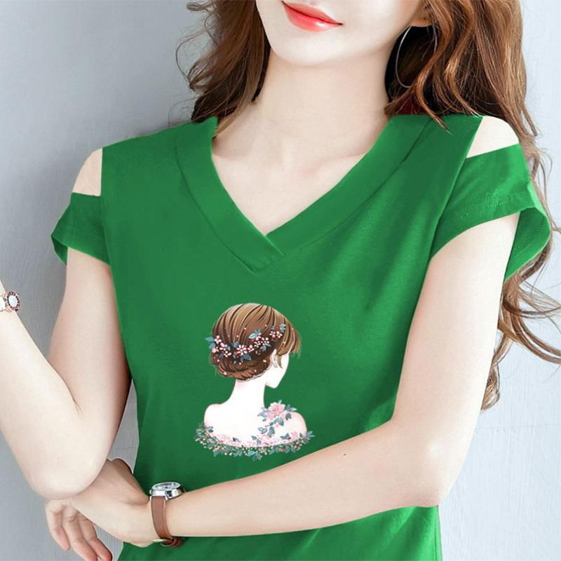 Summer Thin Off-the-shoulder T-shirt Black Short-sleeved T-shirt Women's Leak-shoulder One-word V-neck Top Korean Version Slimming Bottoming Shirt