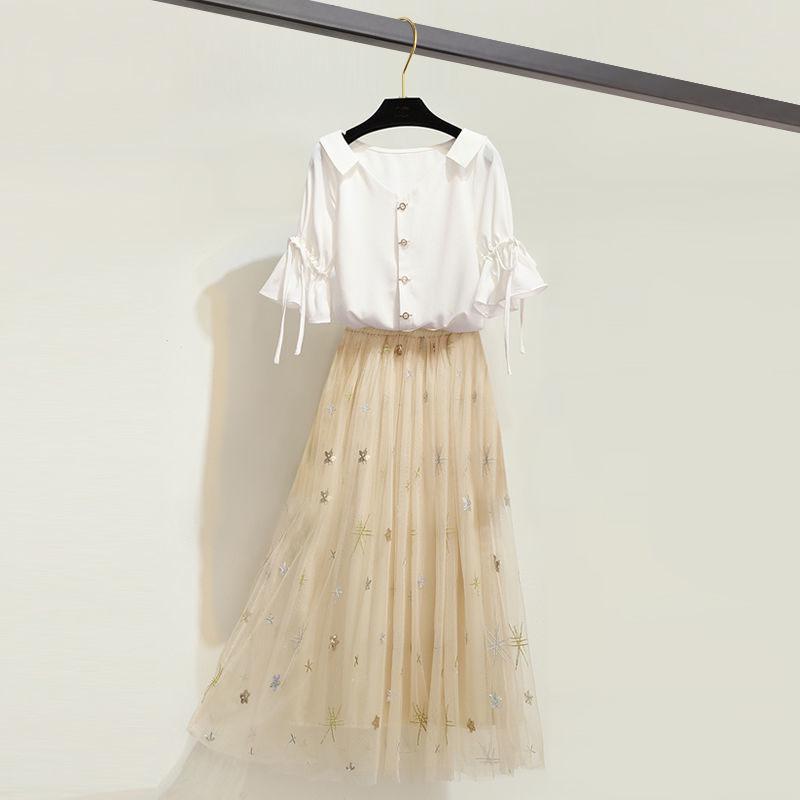 Women Skirt Set Off-shoulder Blouse Denim Stitched Mesh Skirt Two-piece Set for Party