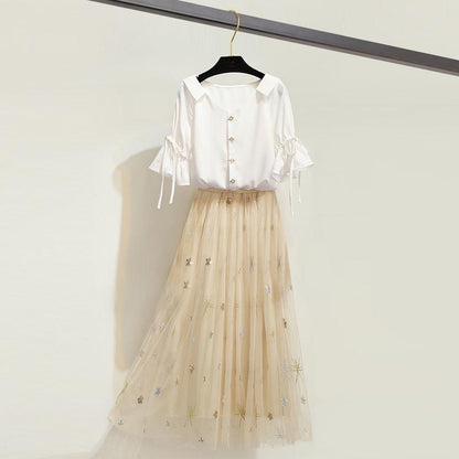 Women Skirt Set Off-shoulder Blouse Denim Stitched Mesh Skirt Two-piece Set for Party