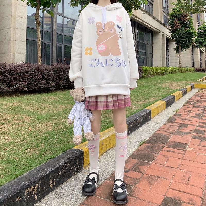 Anime Sweatshirt Japan Cartoon Hooded Tops Oversized Streetwear Harajuku White Long Pullovers Hoodies Plus Size Loose Thick Fleece Fall Winter Hoodies