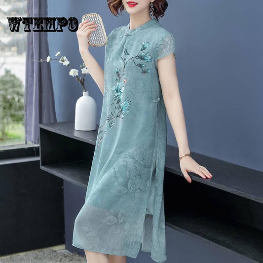 Dress New Wide Wife Cheongsam Middle -Aged Female Summer Dress Long Dresses Qipao