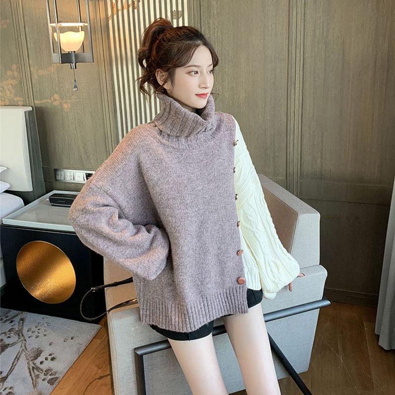 Autumn and Winter Loose Turtleneck Sweater Casual Color Matching Diagonally Buttoned Top Fashion Knitted Women's Jacket