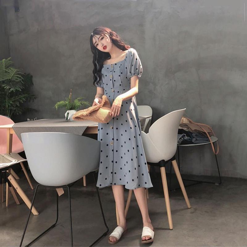Chiffon Polka Dot Dress Women's Short  Sleeve Square Neck Daily Dating Party Office Wear A-line Sun-dress