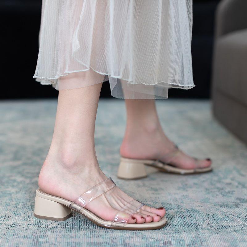 Sandals and Slippers Women's Summer Wear Fashionable Thick-heel Mid-heel Flip-flops Transparent Sandals