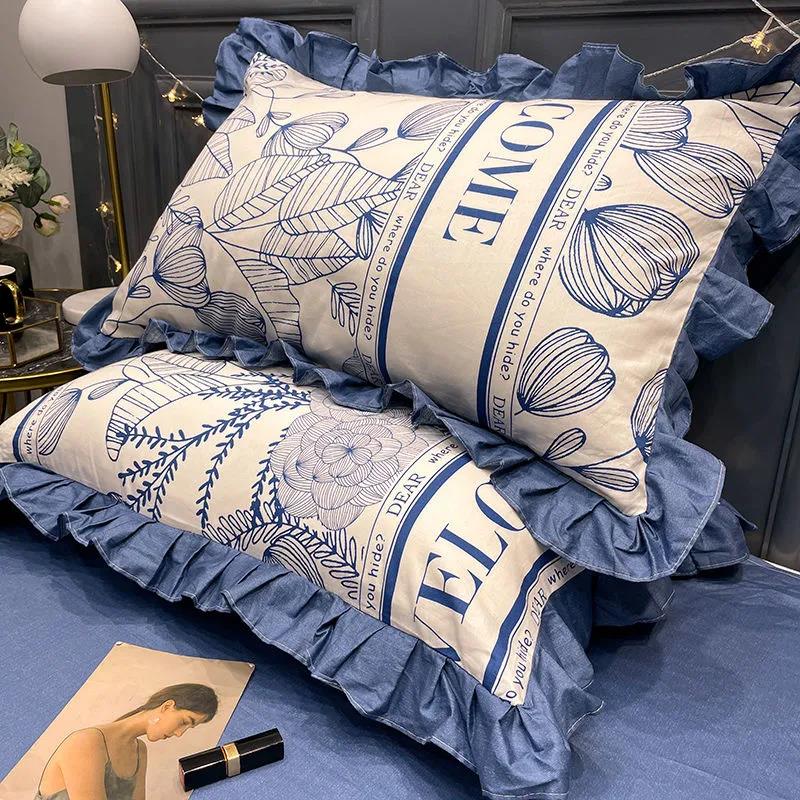 Princess Style Print Pillowcase Korean Style Fashion Lace Soft Pillow Core Cover A Pair of Cotton Pillowcases for Adults
