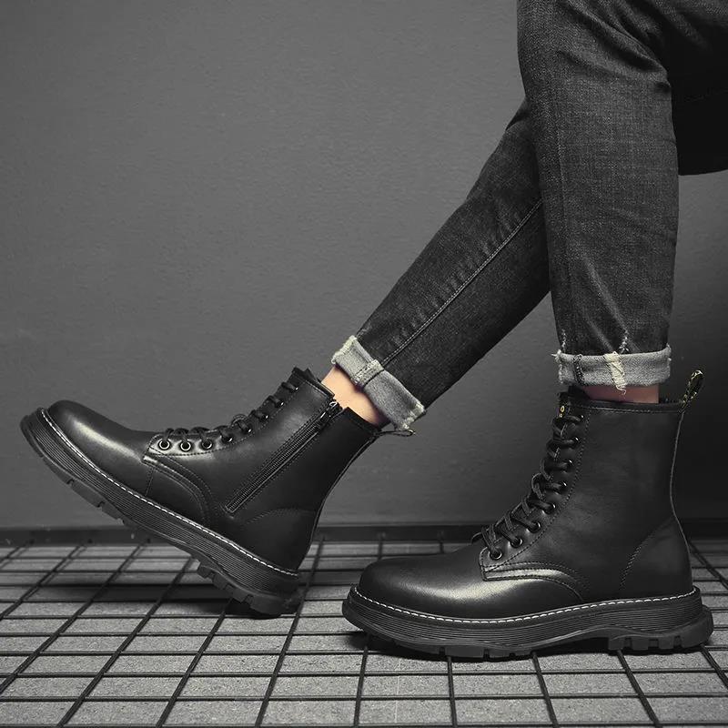 Leather Martin Boots Men's High Help Cotton Velvet Boots Thick Bottom Zipper Men's Boots Motorcycle Boots Casual Men's Snow Boots