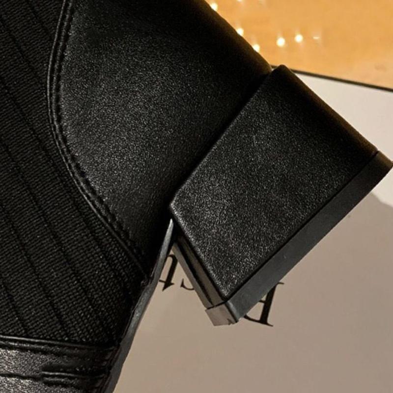 Women's Thick-heeled Autumn Short Boots Women's Mid-heel Socks Boots British Short Martin Boots Soft Leather Comfortable