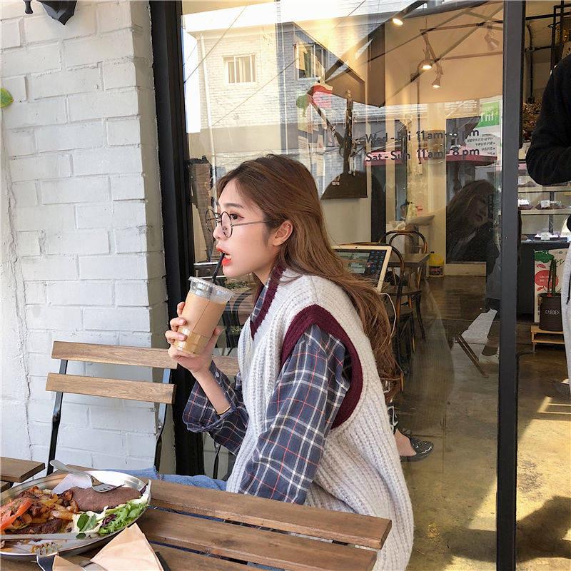 Pofulove Spring Autumn Korean Vest Knit Sweater V-neck Loose Vest Sweater Female Students Lazy Top