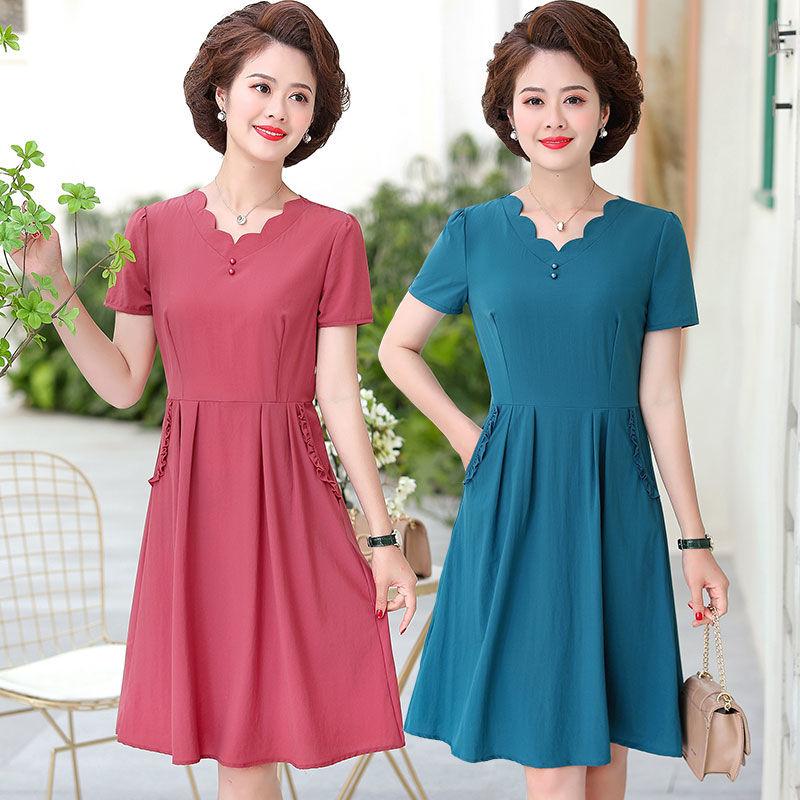 XL-XXXXXL Plus Size Polyester Short-sleeved Dress Summer Knee-length A-line V-neck Ruffle Pocket Skirt