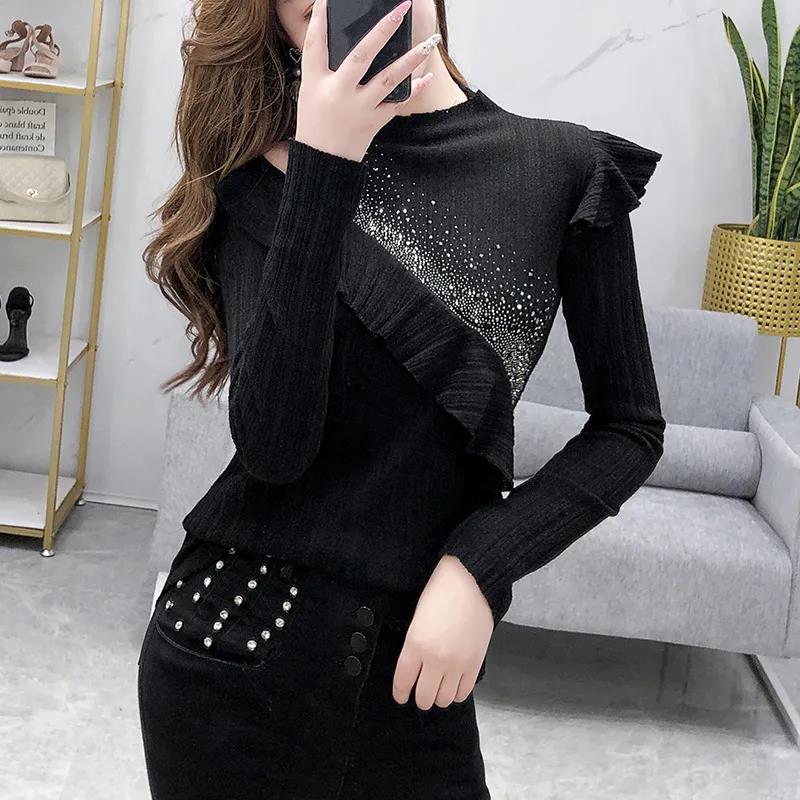 Women's Solid Color Lace Bottoming Shirt Fashion Off-the-shoulder Mesh Low Neck Bottoming Shirt Sexy Thin Knitwear