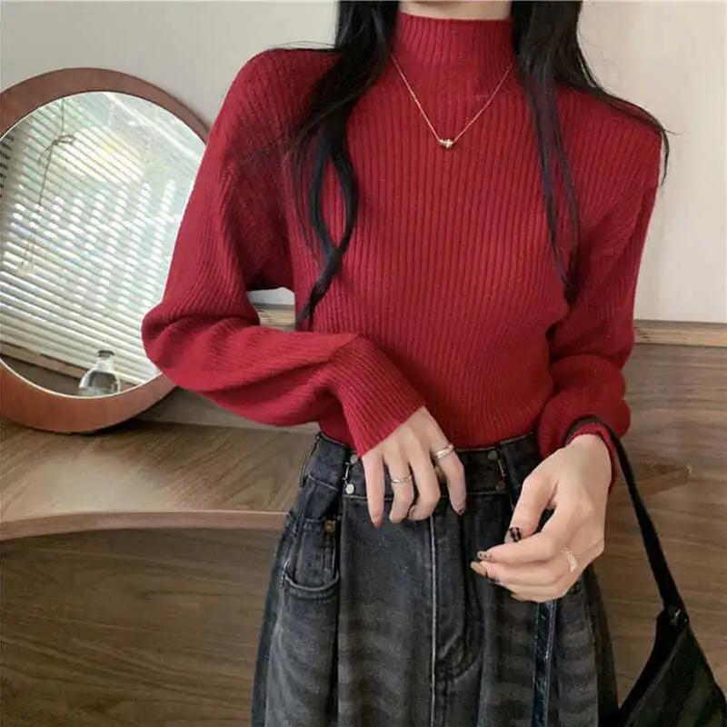 Winter Sweater Women Turtleneck Lantern Sleeve Solid Pullover Sweaters White Black Fall Fashion Knitted Tops Girl Jumpers