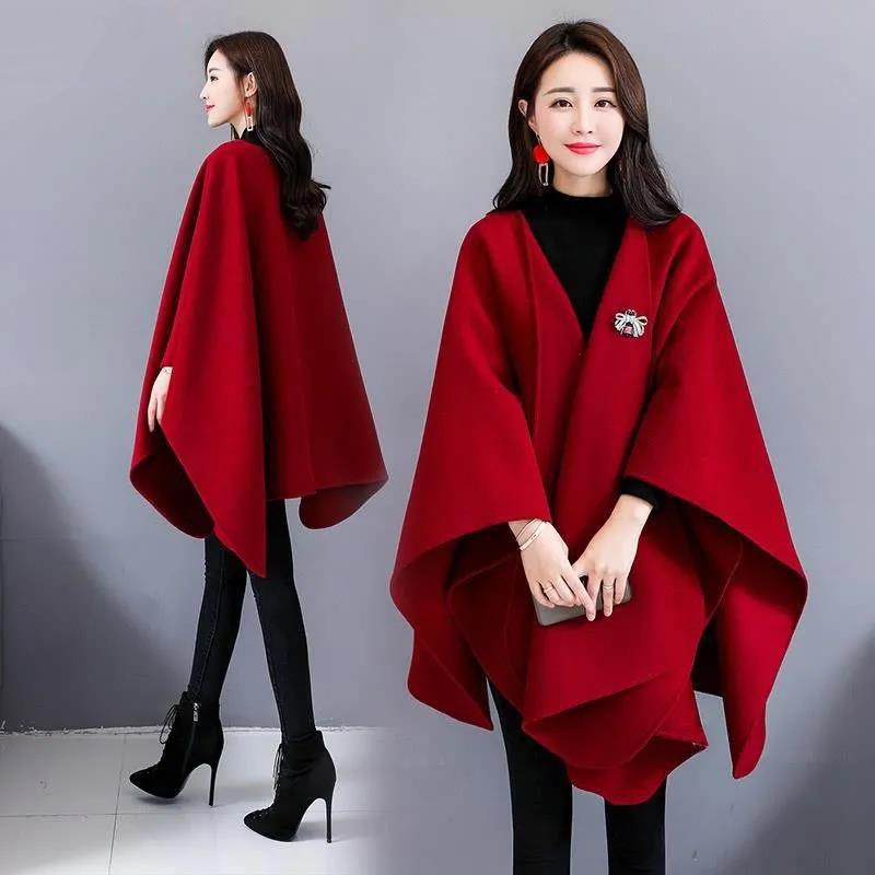 Woolen Coat Women's Cloak-style Coat Cardigan Woolen Coat Irregular Shawl Temperament Versatile Warm and Comfortable Wrap