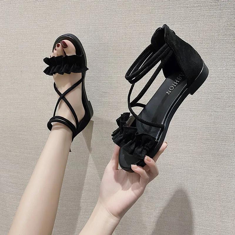 Roman Sandals Women's Summer Flat-bottom Straps All-match Casual Beach Shoes Women's One-word Buckle Flat Sandals Sweet and Light