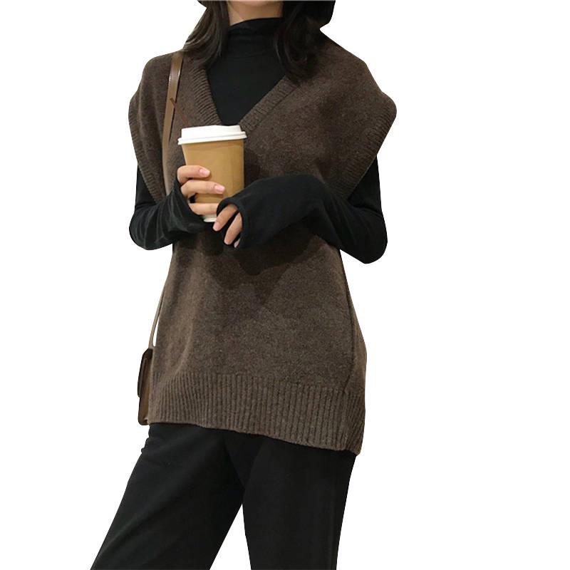 Pofulove Loose V-neck Knitted Vest Women's Autumn Winter Wear Sleeveless Vest Pullover Sweater