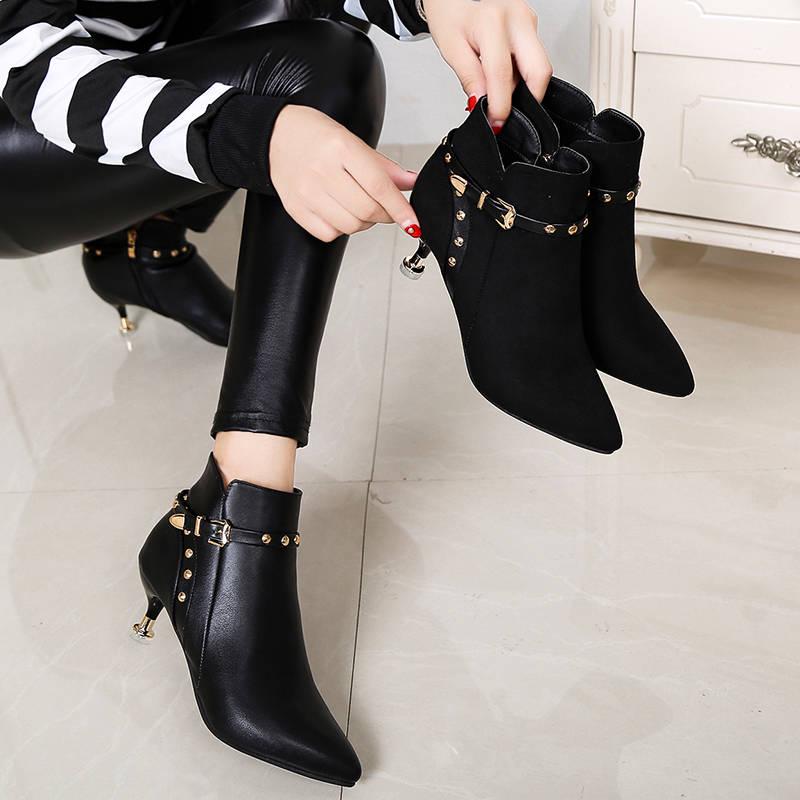 Autumn Winter Thick with High-heeled Ankle Boots Women Plus Velvet Pointed Short Boots Martin Boots