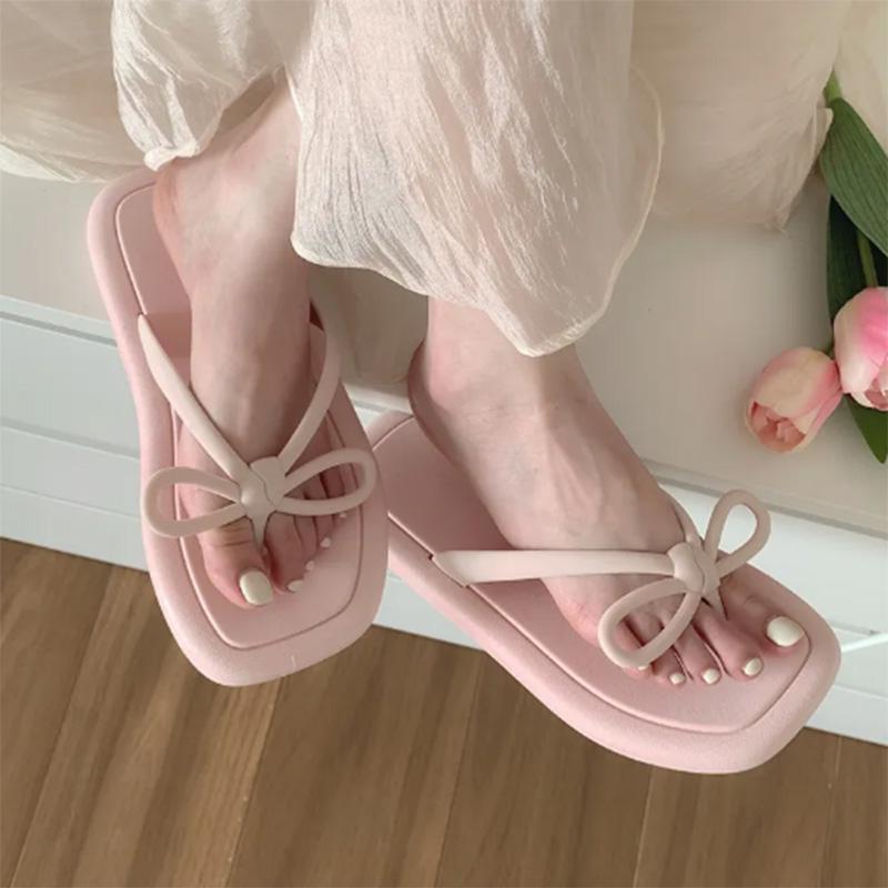 Fairy Wind Bow Flip-flops Female Summer Solid Color Outer Wear Soft Bottom Seaside Clip-on Beach Sandals and Slippers