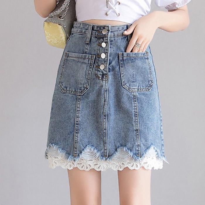 Women's Denim Skirt Lace Edge Tight Solid Color High Waist Sexy Show Leg Length