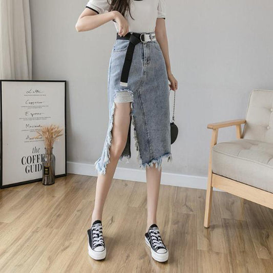 High-waist Denim Skirt Female Spring  Summer Looks Thin Split Split Hole Mid-length Hip Skirt  A-line Skirt