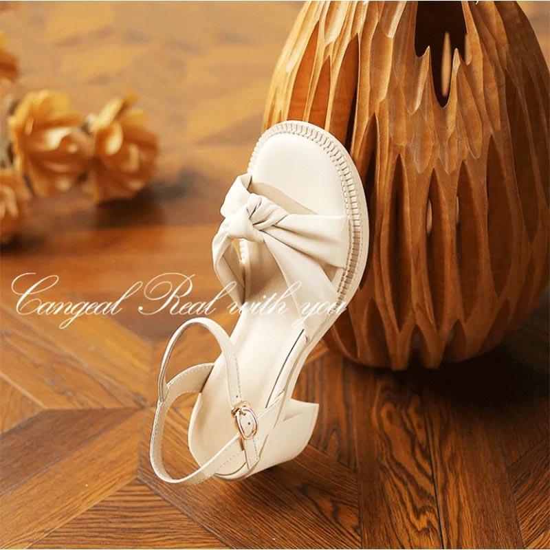 Solid Color Braided Sandals Women's All-match Fashion Thick Heel Soft Leather One-word Buckle Strap Fairy Style Women's Shoes with Skirts