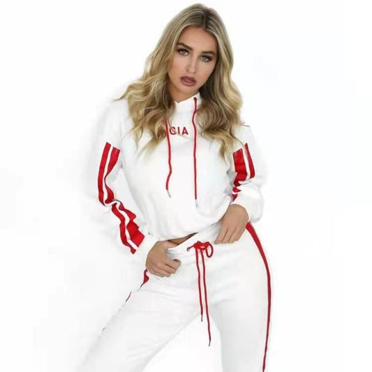 2PCS Sports Suit Colorblock Striped Lace-Up Short Hooded Casual Sweater Jogging Pants Set Autumn Warm Suit Athletic Clothing for Women