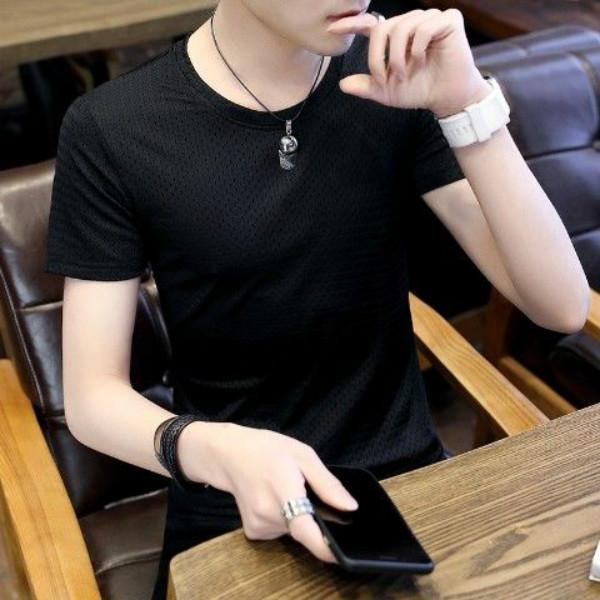 Ice Silk Mesh Quick-drying T-shirt Short-sleeved Men's Summer Hollow Mesh Breathable Sports Thin Large Size Top