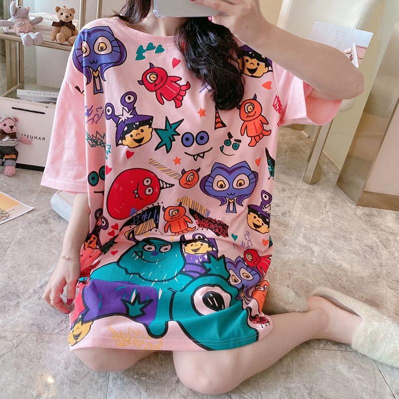 Painted Graffiti Women Dress Girl Loose O-Neck Casual Long T-shirt Dress Big Loose Home Outer