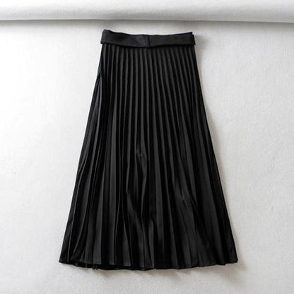 Skirt+Belt Female Pleated Skirt Euro-American Women's Fashion Pure Colored  Loose Half-length Skirt