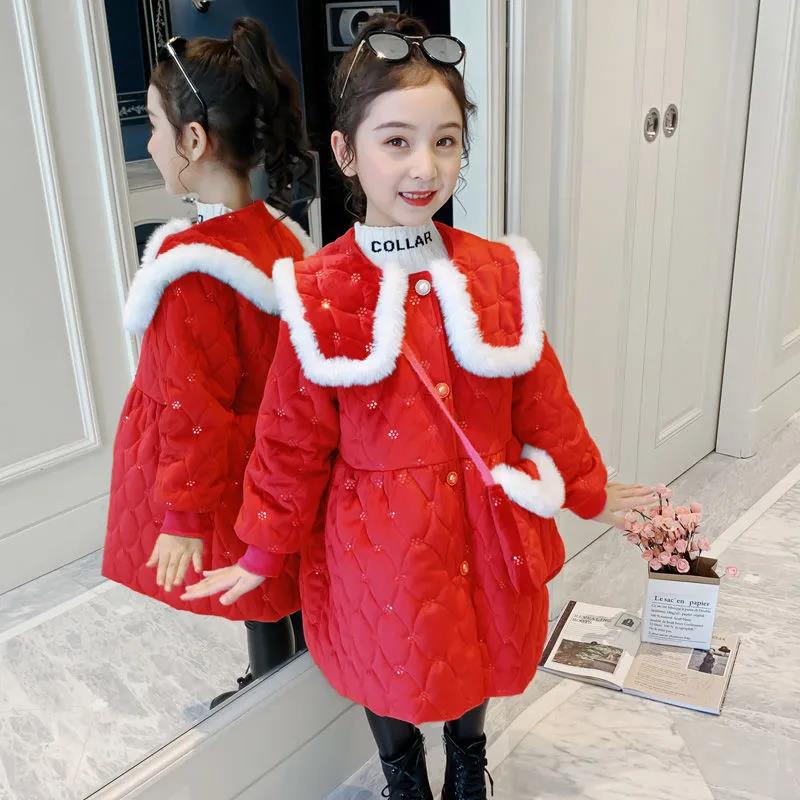 Girls Thick Warm Cotton Clothes Mid-length Winter Windproof Quilted Jacket