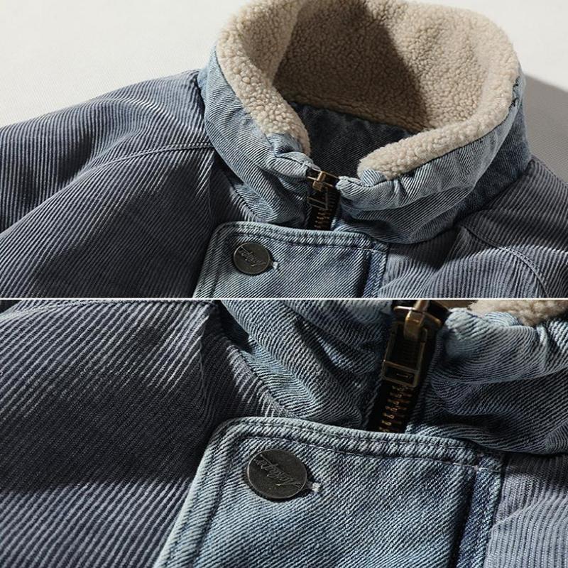 Winter Tide Brand Lamb Velvet Stand-collar Denim Cotton Jacket Men's Loose Thick Casual Couple Retro Tooling Cotton Jacket