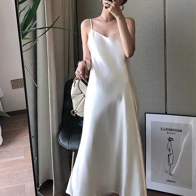 Women's Spring and Summer Korean Elegant Smooth Suspender Satin Long Solid Color A-line Dress