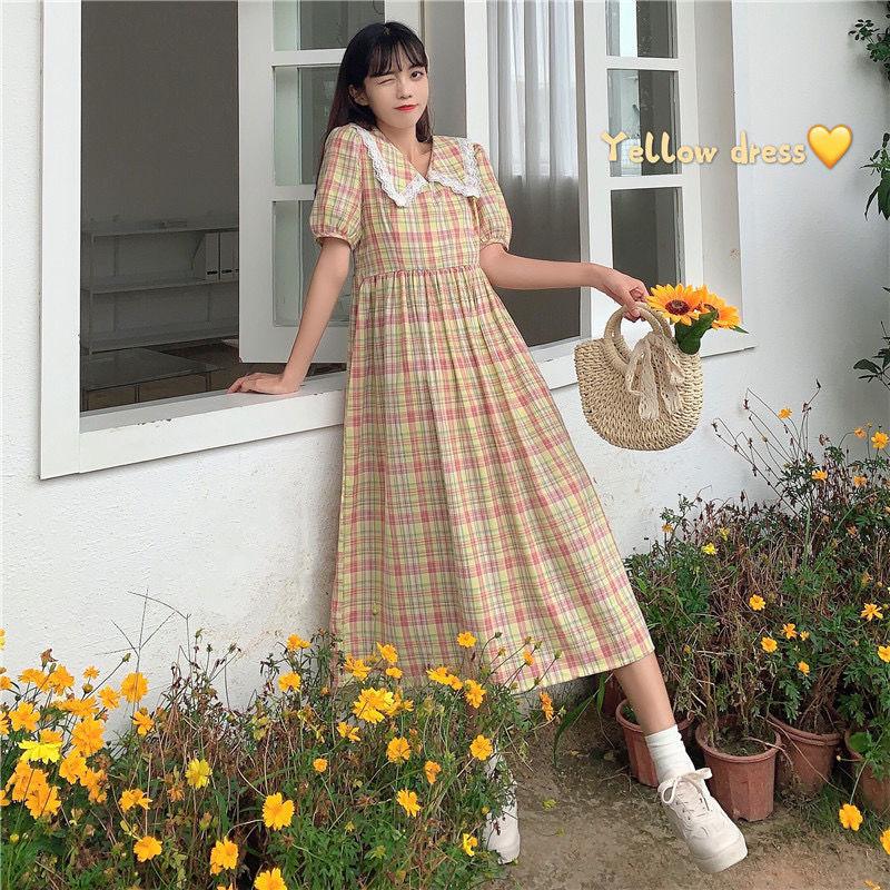 Female Lace Stitching Doll Collar Plaid Short Sleeve Holiday Dress High Waist Slim Vintage Elegant A-line Dress