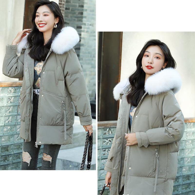 Women's Solid Color Down Jacket Mid-length Korean Loose Thick Coat Warm Cotton Coat Big Fur Collar Winter Clothes Quilted Coat