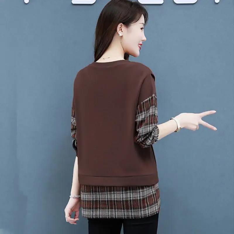 Women Plaid Stitching Shirt Summer Fake Two-piece T-shirt Boutique Casual Pullover Trendy Bottoming Shirt