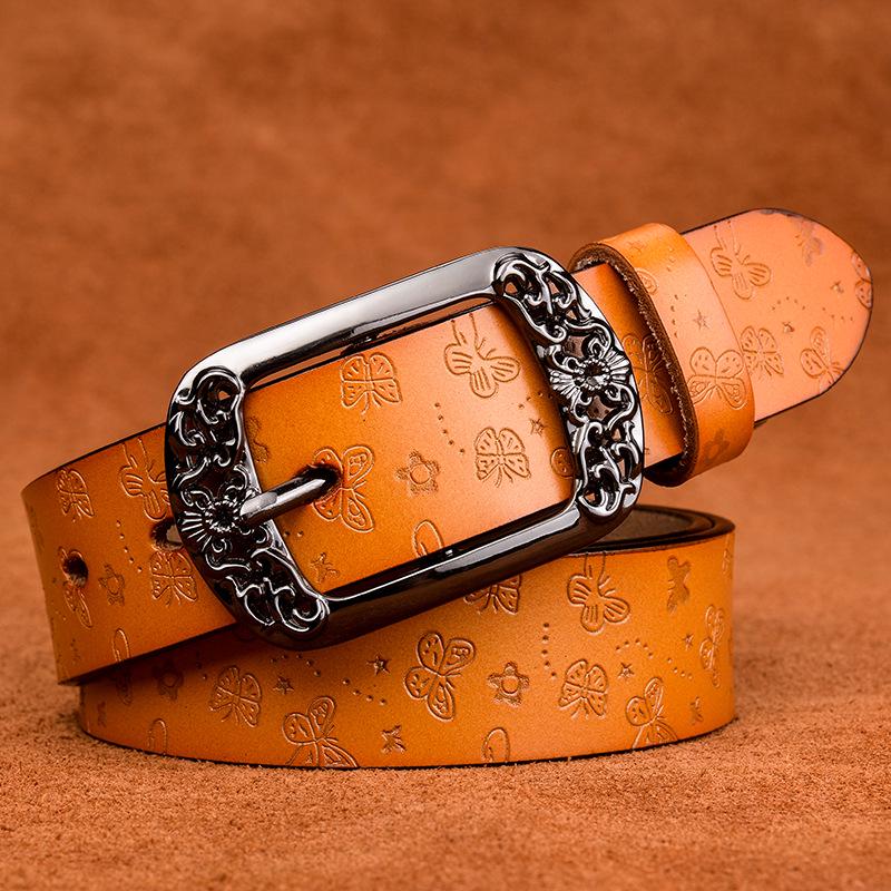 Belt New Retro Cowhide Leather Belt Women Fashion Embossing Pin Buckle Casual Jeans Wide