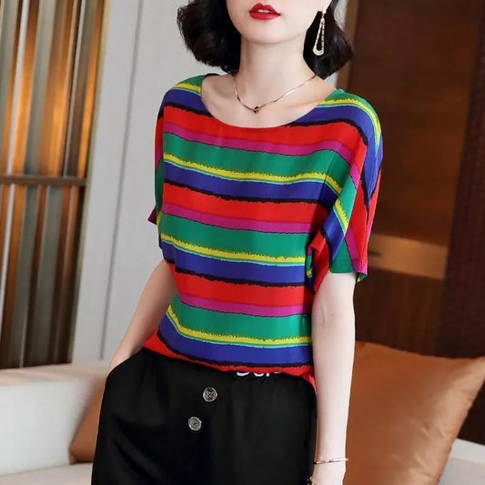 Women's Summer Slim Round Neck Fit Short Sleeve Top Print Versatile T-Shirt