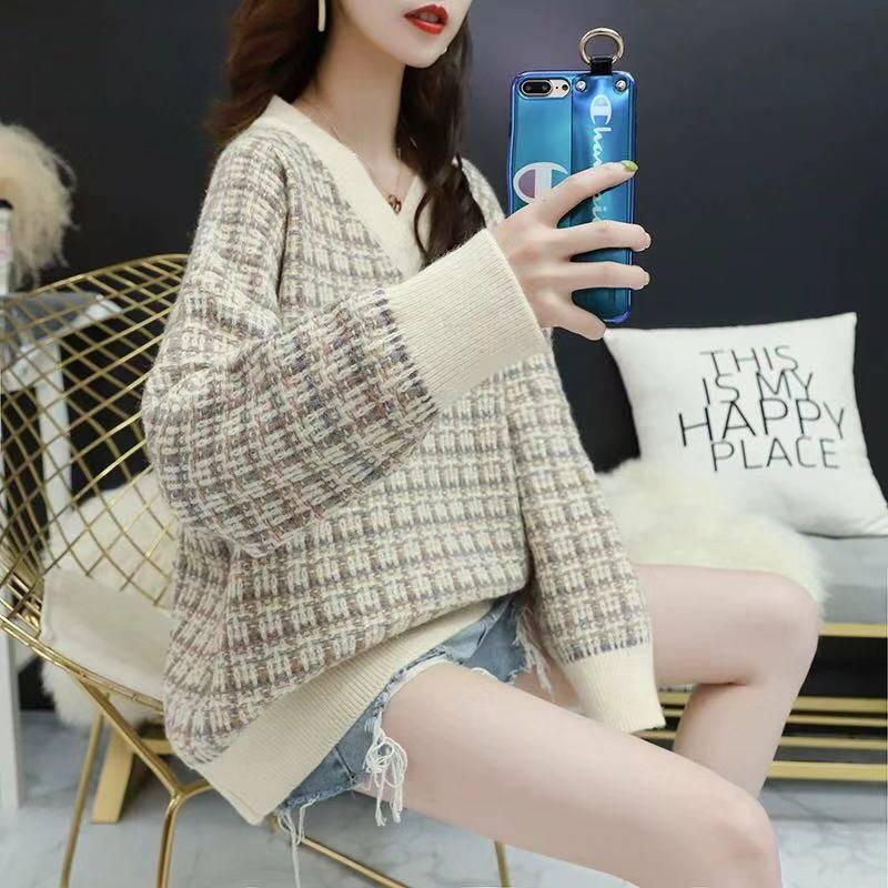Pofulove Check V-neck Pullover Sweater Women Autumn Winter Loose Wild Long Sleeve Knitted Sweater