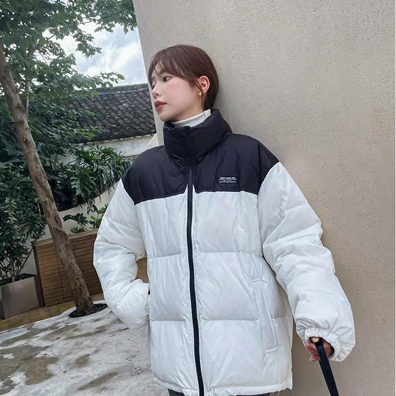 Winter Couple's Mid-length White Duck Down Thickened Coat Student Down Jacket Color Matching Korean Version Loose Cotton Coat Oversized Thick Coat