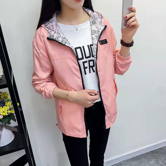 Women's Jacket Spring Summer Pocket Zipper Hooded Two Side Wear Outwear Coat Loose Plus Size Windbreaker Jackets Famale
