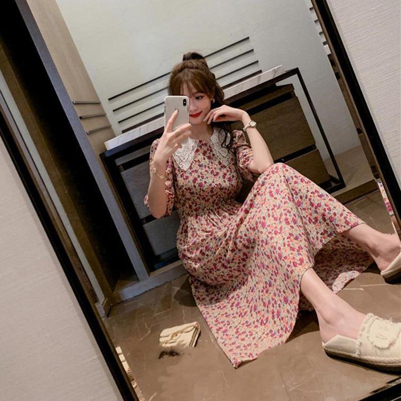 Ladies Chiffon Dress Summer Idyllic Floral Skirt Female Long Waist Waist Slimming Bottoming Dress Fabric Light and Breathable