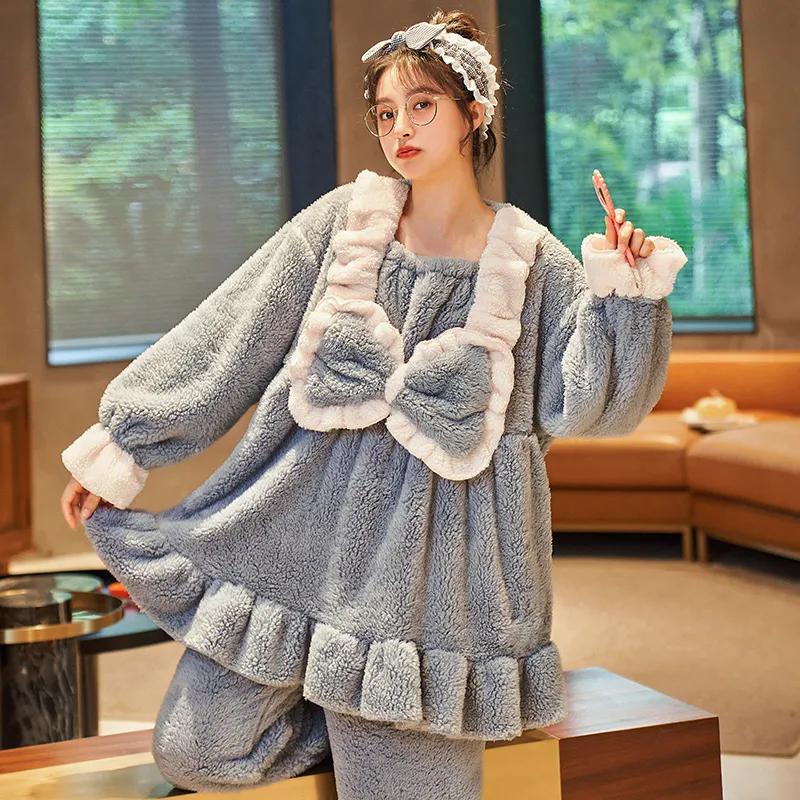 Women's Winter Pajamas Set Cute Bow Large Neckline Thickened Coral Plus Velvet Suit Plush Home Wear Flannel Suit Lovely Cartoon Set