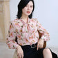 Women's Spring and Autumn Chiffon Print Loose Shirt Bow Long Sleeve Top