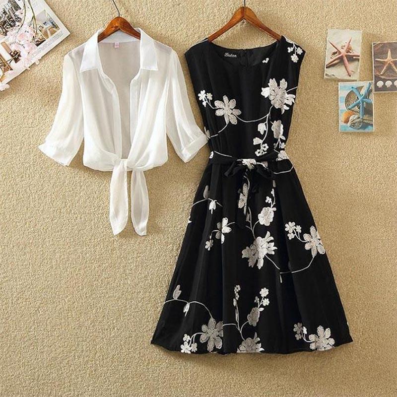 2-Pcs Suit Retro Print Little Black Dress High Waist Sleeveless Slim A-line Skirt Two Piece Dress